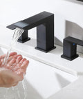 Brushed Nickel 3 Hole Bathroom Faucet With Two Handles 8 Inch Modern Vanity Sink Fixture in action, water flowing into hands