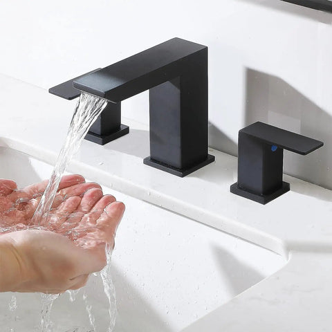 Brushed Nickel 3 Hole Bathroom Faucet With Two Handles 8 Inch Modern Vanity Sink Fixture in action, water flowing into hands
