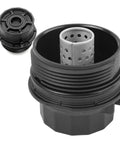 Close-up view of Toyota 1.8L Engine Oil Filter Housing Cap Assembly Replacement Direct Fit for Corolla, Matrix, Prius.