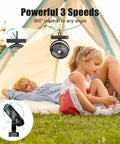 Magnetic Cruise Golf Cart Fan 10000mAh Portable Cooling Buddy in tent, illustrating 360° rotation and 3-speed settings for camping.