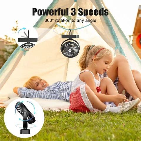 Magnetic Cruise Golf Cart Fan 10000mAh Portable Cooling Buddy in tent, illustrating 360° rotation and 3-speed settings for camping.