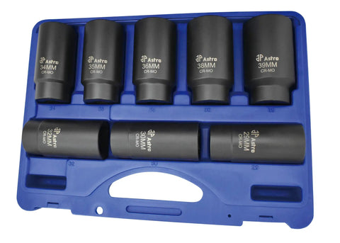 Beefy 8 Piece Axle Nut Socket Set With Seven 6 Point Sockets And One 12 Point 39mm Socket Deep Precision Broached Made From CR-MO Steel