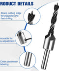 Close-up view of a seven piece three point countersink drill bit set featuring sharp cutting edge and removable depth collar.