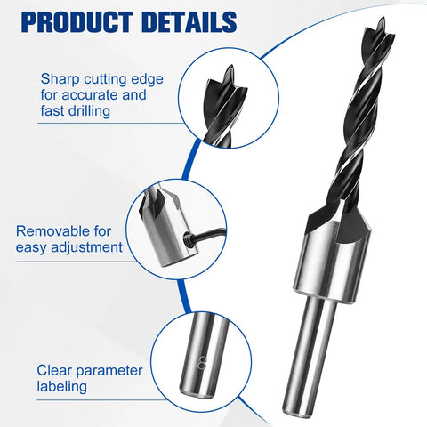 Close-up view of a seven piece three point countersink drill bit set featuring sharp cutting edge and removable depth collar.