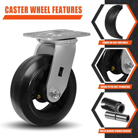 Heavy Duty 6 Inch By 2 Inch Caster Wheels Set With Mold On Rubber Cast Iron Wheels Swivel Top Plate Casters For Dumpsters And Trash Bins Four Pack Each Up To 1000 Lbs Total 4000 Lbs Capacity close-up with features