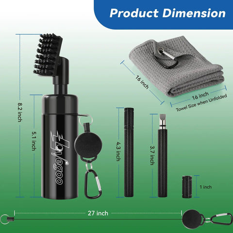 All-In-One Golf Club Cleaner Kit with water brush, groove sharpener, microfiber towel, dimensions displayed on green background