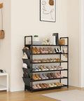 Hella Compact Six Tier Shoe Rack Organizer With Hook And Side Pocket Fits Twenty Four To Thirty Pairs Boots And Sneakers Free Standing Entryway Closet And Hallway Cabinet That Takes Zero Room And Sets Up Like A Dream in a home setting with various shoes organized.
