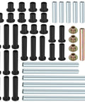 Heavy Duty Front And Rear A Arm Bushing Kit For Polaris RZR 800 Series UTVs 2008 Through 2014 Includes 800 S And 800 4 Seat Models Replace OEM 5137104 5436973 5137594 5136100 With Premium Wear Resistant Construction, showcasing black and metallic bushings and pins.