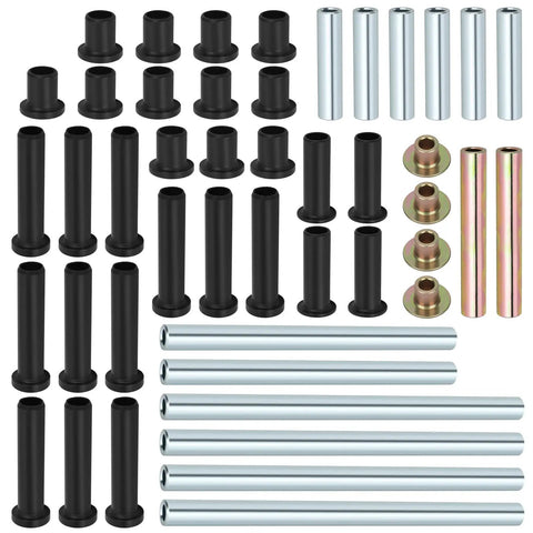 Heavy Duty Front And Rear A Arm Bushing Kit For Polaris RZR 800 Series UTVs 2008 Through 2014 Includes 800 S And 800 4 Seat Models Replace OEM 5137104 5436973 5137594 5136100 With Premium Wear Resistant Construction, showcasing black and metallic bushings and pins.