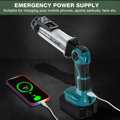 Cordless LED Work Light For Makita 18V Battery 2000 Lumen with phone charging USB port on black background