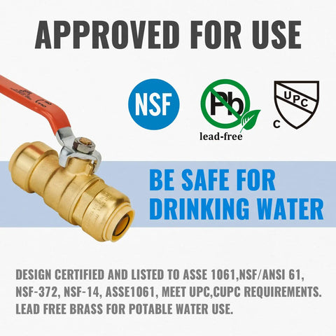 Three Quarter Inch Push To Connect Ball Valve No Lead Brass Full Port Plumbing Fittings For PEX Copper CPVC PE RT Pack Of Two