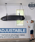 Heavy Duty Garage Ceiling Hoist For Cargo Box Pulley System Holds 150 Lbs With Pulley Lift installed in garage