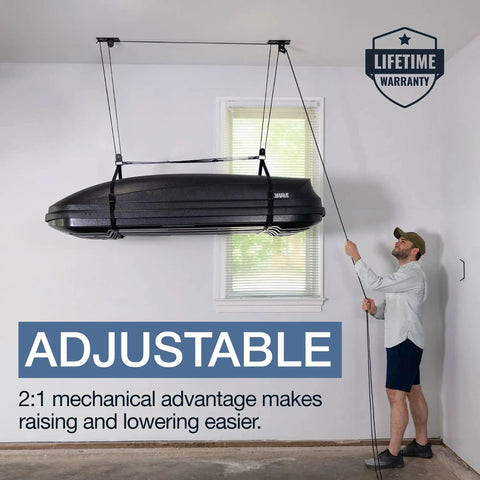 Heavy Duty Garage Ceiling Hoist For Cargo Box Pulley System Holds 150 Lbs With Pulley Lift installed in garage