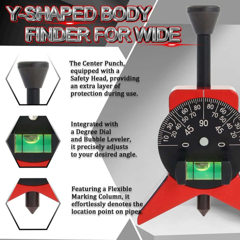 Pipe center finder tool with red Y-shaped body, magnetic centering head and dial protractor for 1.5–6 in pipes.