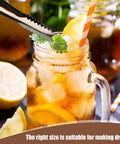 Four Piece Ice Tongs And Scoop Set For Ice Bucket Kit with stainless steel tongs serving iced tea in mason jar with lemon