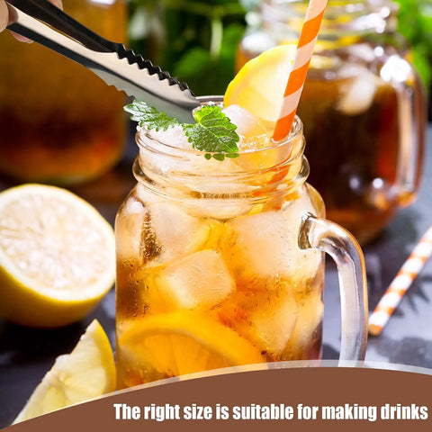 Four Piece Ice Tongs And Scoop Set For Ice Bucket Kit with stainless steel tongs serving iced tea in mason jar with lemon