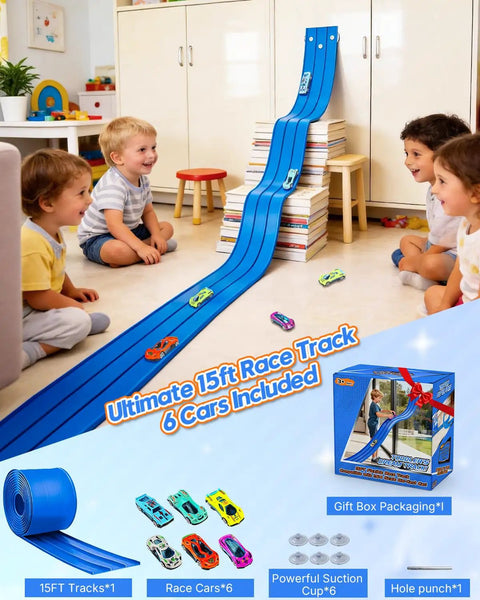 Children playing with Three Lane Flex Track Race Set, 15 Ft Portable DIY Racetrack With Six Diecast Cars, on a living room floor