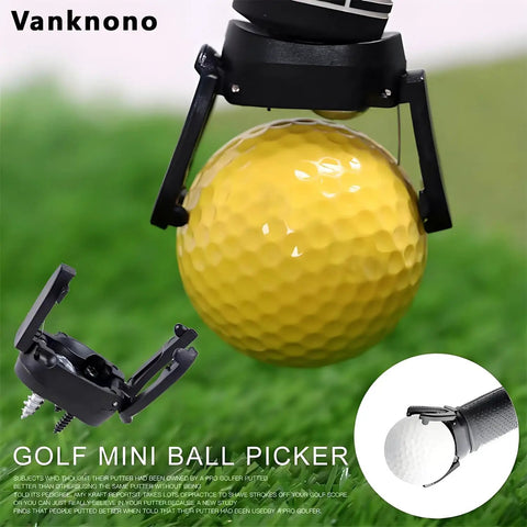 Six Pack Golf Ball Pick Up Retriever Grabber Set With Foldable Claw attached to yellow golf ball on green field.