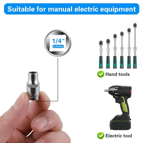Person holding 5.5mm socket from Deep And Shallow 5.5mm Socket Set With 1/4 Inch Drive 6 Point Sockets, with compatible tools shown