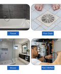 Collage of bathroom fixtures: faucet over bathtub, floor drain with wet feet, modern shower, maintenance of pipe interface.