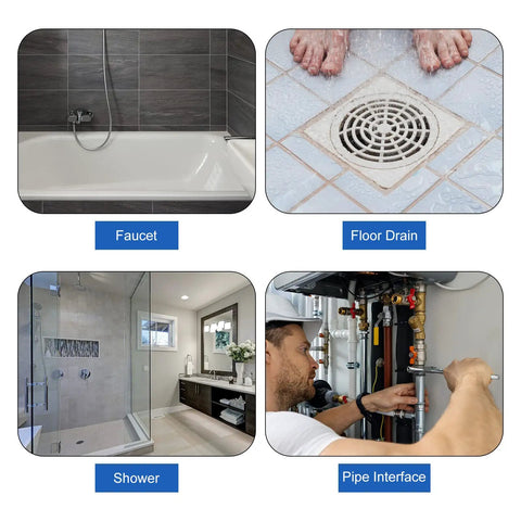 Collage of a bathtub faucet, floor drain with wet tiles, modern shower, and man fixing pipe interface.