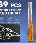 39 Piece Tap And Die Set For Threads Metric And SAE Kit with adjustable handles and GCR15 steel, image showing contents and durability