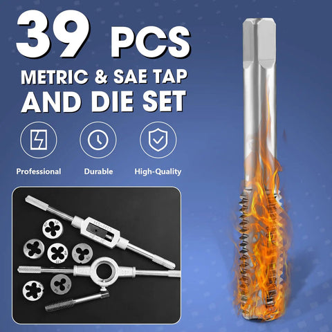 39 Piece Tap And Die Set For Threads Metric And SAE Kit with adjustable handles and GCR15 steel, image showing contents and durability