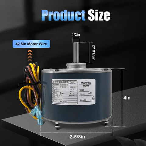 Condenser Fan Motor For AC Unit 1/4 HP 1100 RPM 208 230V Replacement with size and wiring details visible