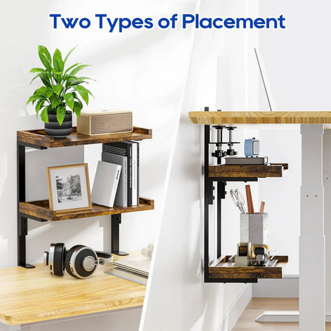 Dope Clamp On Desk Shelf Two Tier Wood Setup For Office Desk And Gaming Accessories 12.5 Inch Tabletop Book Storage Rack Top And Under Desk Organizer No Drill Brown Finish displayed on and under a desk.