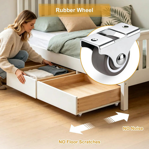 1 Inch Small Rigid Caster Wheels Set With Low Profile Plate Non Swivel Rubber Casters For Quiet Roll No Floor Marks Furniture Replacement For Trundle Beds Drawers Cabinets Rolling Doors 4 Pack installed on drawer