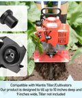 1622 Power Tiller Tines For Mantis Cultivators tilling soil with detailed view of tines and spacer, 10 inches deep