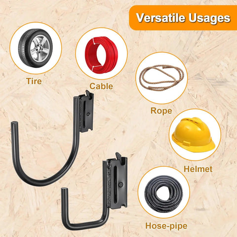 Heavy Duty Pro Grade Steel E Track J Hook With Spring Fitting For E And X Rail 2 And 4 Inch Trailer Hooks For Cords And Cables E Track Accessories For Enclosed Trailers Trucks Garage And Cargo Vans Black with illustrations of tires, cables, rope, helmet, and hose-pipe usages