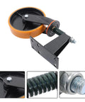 Heavy Duty Gate Caster Wheels 8 Inch Steel Track Rollers Support 800 Lbs Each And Swivel 360 Degrees close-up of black and orange caster wheel with mounting plate.