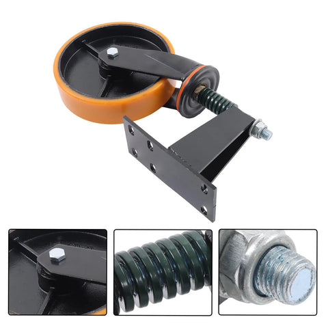 Heavy Duty Gate Caster Wheels 8 Inch Steel Track Rollers Support 800 Lbs Each And Swivel 360 Degrees close-up of black and orange caster wheel with mounting plate.