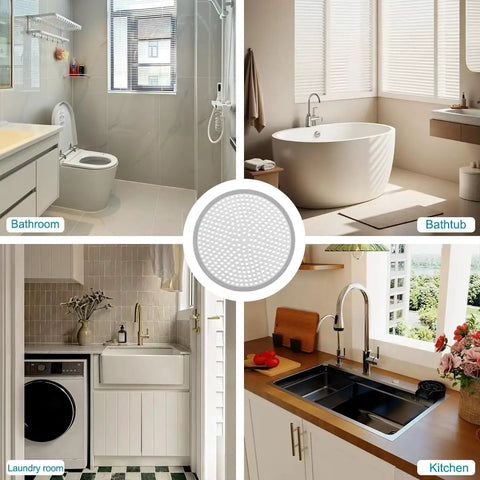 2 Pack Round Shower Drain Hair Catcher With Reinforced Stainless Steel And Silicone Low Profile Bathroom Drain Strainer in various settings.