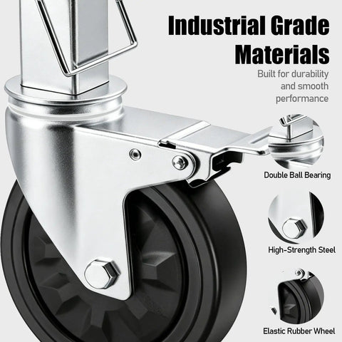 Close-up of a five inch scaffolding caster wheel with elastic rubber tire and steel mounting, highlighting smooth rolling features.