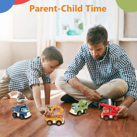 Father and son playing with Awesome Realistic Kids Construction Toys Set With Excavator, Crane, Dump Truck and Cement Mixer indoors