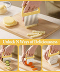 Potato cutter: Amazon crinkle fry slicer with yellow handle and blade cover front view on cutting board slicing potatoes