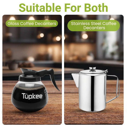 Coffee Pot Cleaning Brush With Curved Head For Easy Inside Scrubbing Non Scratching Soft Bristles Long Lasting Decanter Cleaner Fits Most Pots Pro Grade For Office And Restaurant Use, shown with glass and stainless steel decanters