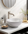 12 Inch Round Porcelain Vessel Sink With Pop Up Drain For Above Counter Vanity, Minimalist Modern White Basin on marble countertop