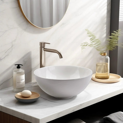 12 Inch Round Porcelain Vessel Sink With Pop Up Drain For Above Counter Vanity, Minimalist Modern White Basin on marble countertop