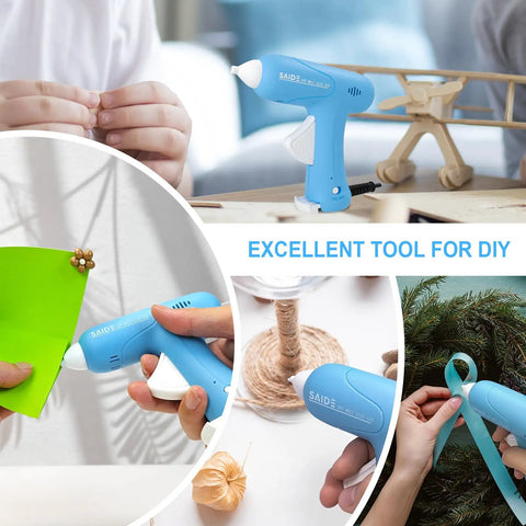 Fast Heating Mini Hot Glue Gun Kit With Anti Scald Nozzle, Compact Melt Gun in Blue with DIY project examples and 30 glue sticks