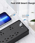 15ft Flat Plug Power Strip Surge Protector With 6 Outlets And 2 USB Ports, 1080 Joules, charging phone on marble surface