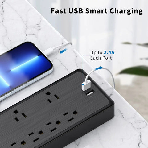 15ft Flat Plug Power Strip Surge Protector With 6 Outlets And 2 USB Ports, 1080 Joules, charging phone on marble surface
