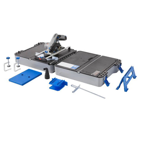 Portable Saw Station Kit With 12V Brushless Compact Circular Saw and Multi Purpose Cutting Case shown fully assembled with accessories.