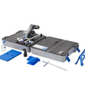 Badass Portable 12V Cordless Circular Saw Station features a compact design with cutter, guides, and accessories for wood projects.