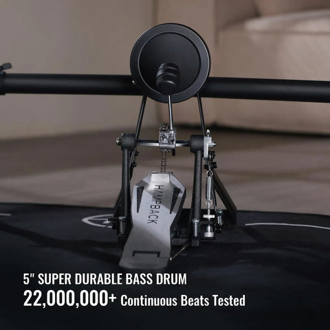 Ace-360 Electric Drum Set with 5-inch bass drum and pedal, tested for durability in a home setting.