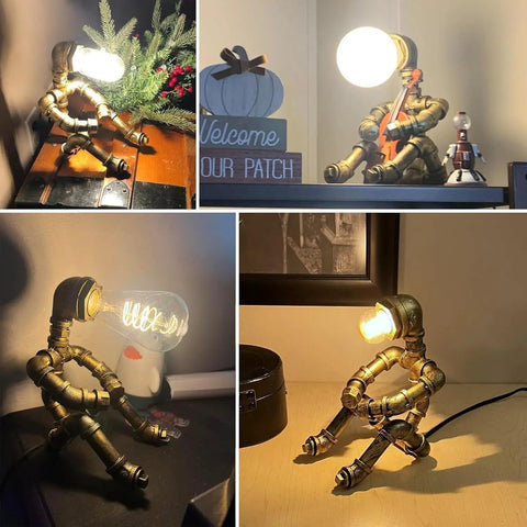 Dope Steampunk Table Lamp With Vintage Industrial Metal Robot Design on a desk, water pipe desk light for versatile decor.