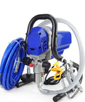 Portable 1800 Watt Airless Paint Sprayer Delivers 2175 Psi High Pressure For Smooth Atomization Avoids Clogging Great For Home Exterior DIY Projects Easy To Use Portable Design Makes Painting Large Surfaces A Breeze And Quick with blue tubing and hose.