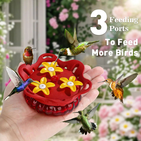 Two Pack Glass Hummingbird Feeders For Outdoors, 3.4 Oz Red Handheld Design With Bee Guard Ports, shown with hummingbirds feeding
